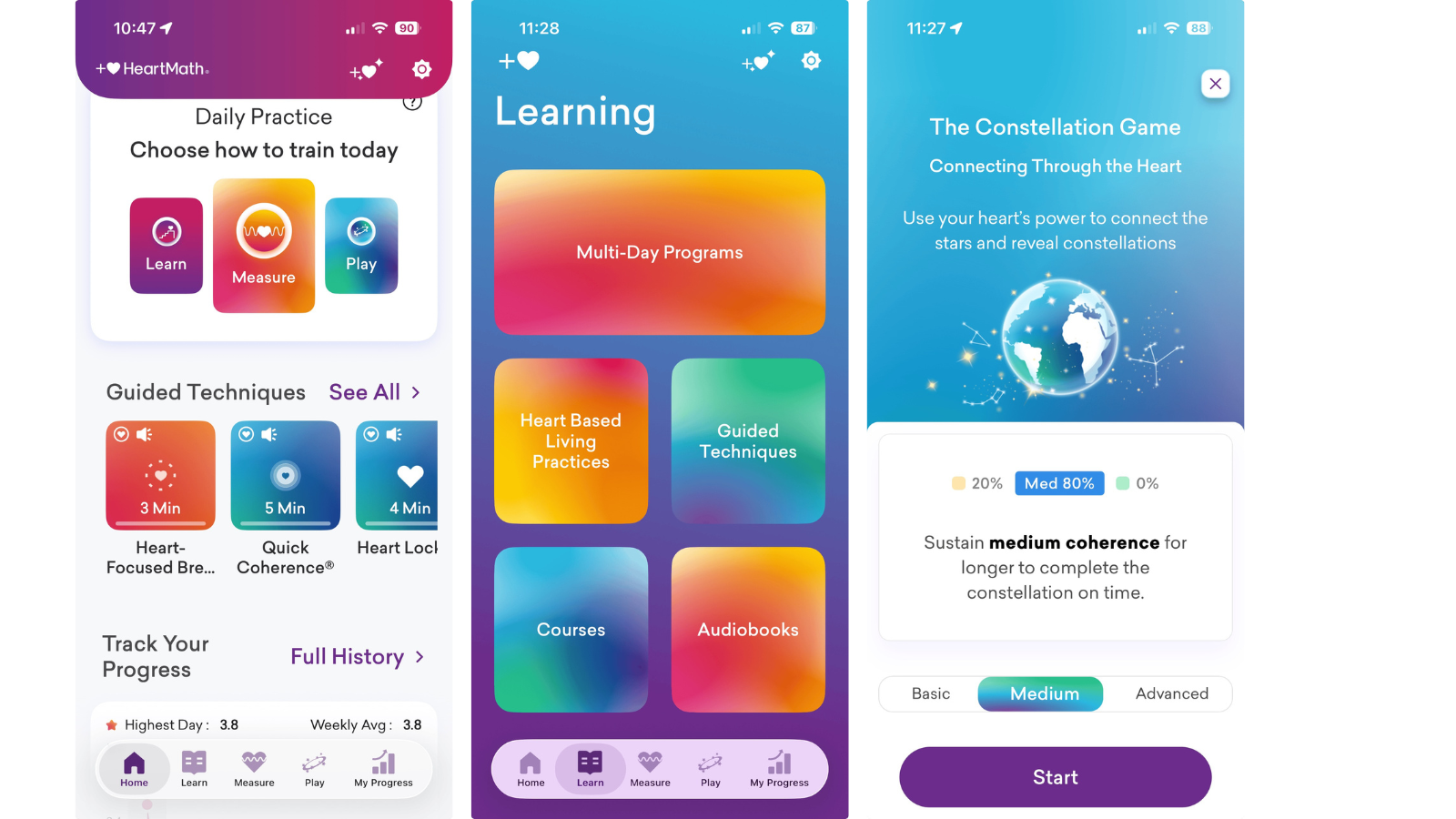 Ekran główny aplikacji z opcjami Learn / Measure / Play