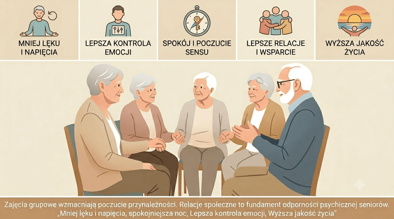 Osoby starsze podczas spotkania grupowego wspierającego odporność psychiczną i relacje społeczne
